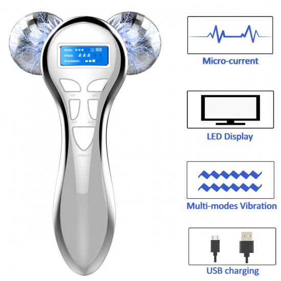 4D Microcurrent Facial Massager Roller, Electric Rechargeable Face Lift Beauty Roller Body Massage for Anti Aging Wrinkles, improve Facial Contour, Skin Tone Reduction and Firm Body Skin (Silver)