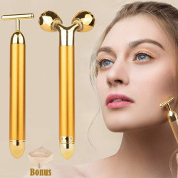 Yeamon 2-IN-1 Beauty Bar 24k Golden Pulse Facial Face Massager,Electric 3D Roller and T Shape Arm Eye Nose Head Massager