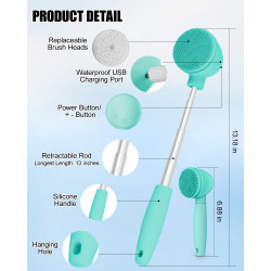 Electric Silicone Body Scrubber, Portable Back Scrubber for Shower, 2 IN 1 Back Shower Scrubber with 3 Clean Levels, 2 Rotate Heads, Extended Long Handle, Back Brush for shower Men Women(Blue)