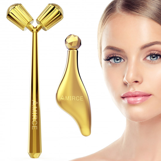 Face Roller Massager, 3D Roller Facial Massager and Gua Sha Massage Roller Tool Set for Face Eye Neck Arms Legs Skin Care Massager for Women (Gold)