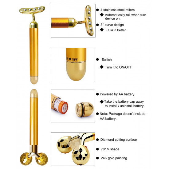 Face Massager Roller 24k Golden Electric 3D Roller and T Shape Arm Eye Nose Head Massager for Face Lift Anti Aging