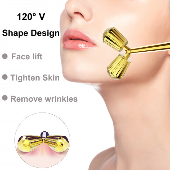 Face Roller Massager, 3D Roller Facial Massager and Gua Sha Massage Roller Tool Set for Face Eye Neck Arms Legs Skin Care Massager for Women (Gold)